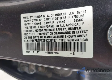 2015 Honda Civic Lx z USA, uszkodzony, nr VIN 19XFB2F5XFE200497